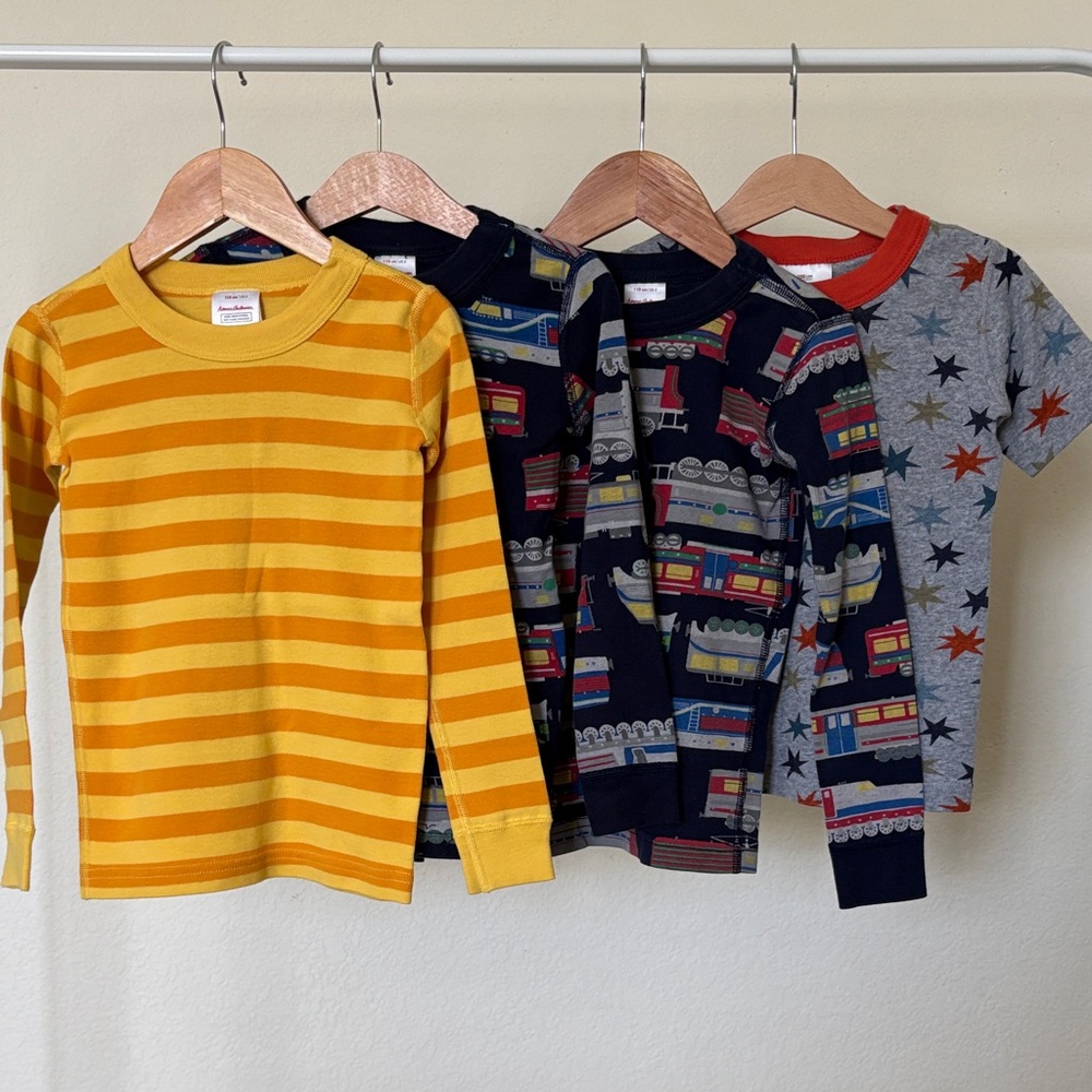 Hanna Andersson 5T Kids Yellow Striped and Train Print Long Sleeve Tees. Set 4